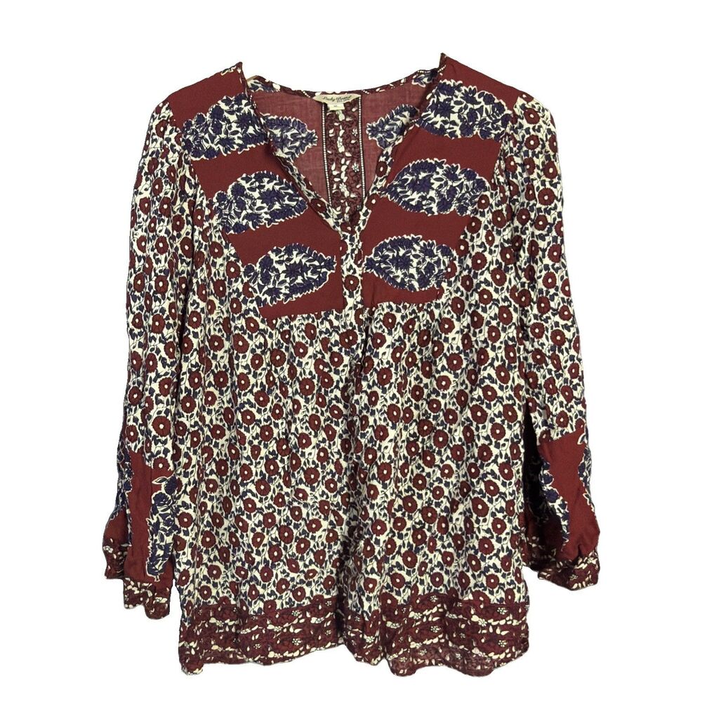 Lucky Brand Boho Floral V-Neck Tunic Top XL Burgundy Elastic Cuffs Rayon Chic